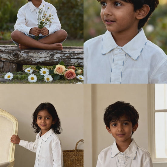 Cannes organic cotton boys shirt video showing lace-trimmed placket and fabric drape
