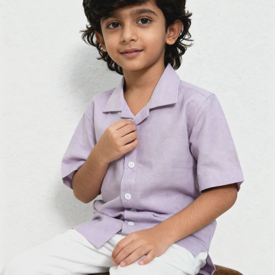 Milan organic cotton-linen boys shirt video showing lilac fabric drape and fit