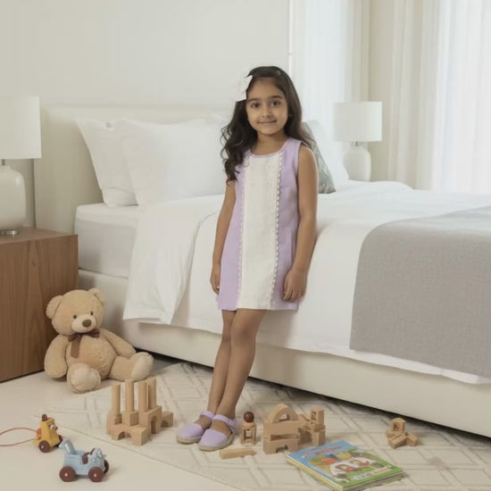 Provence organic cotton-linen panel girls dress video showing lilac fabric movement and panel construction