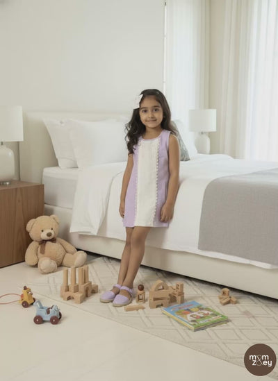 Provence organic cotton-linen panel girls dress video showing lilac fabric movement and panel construction