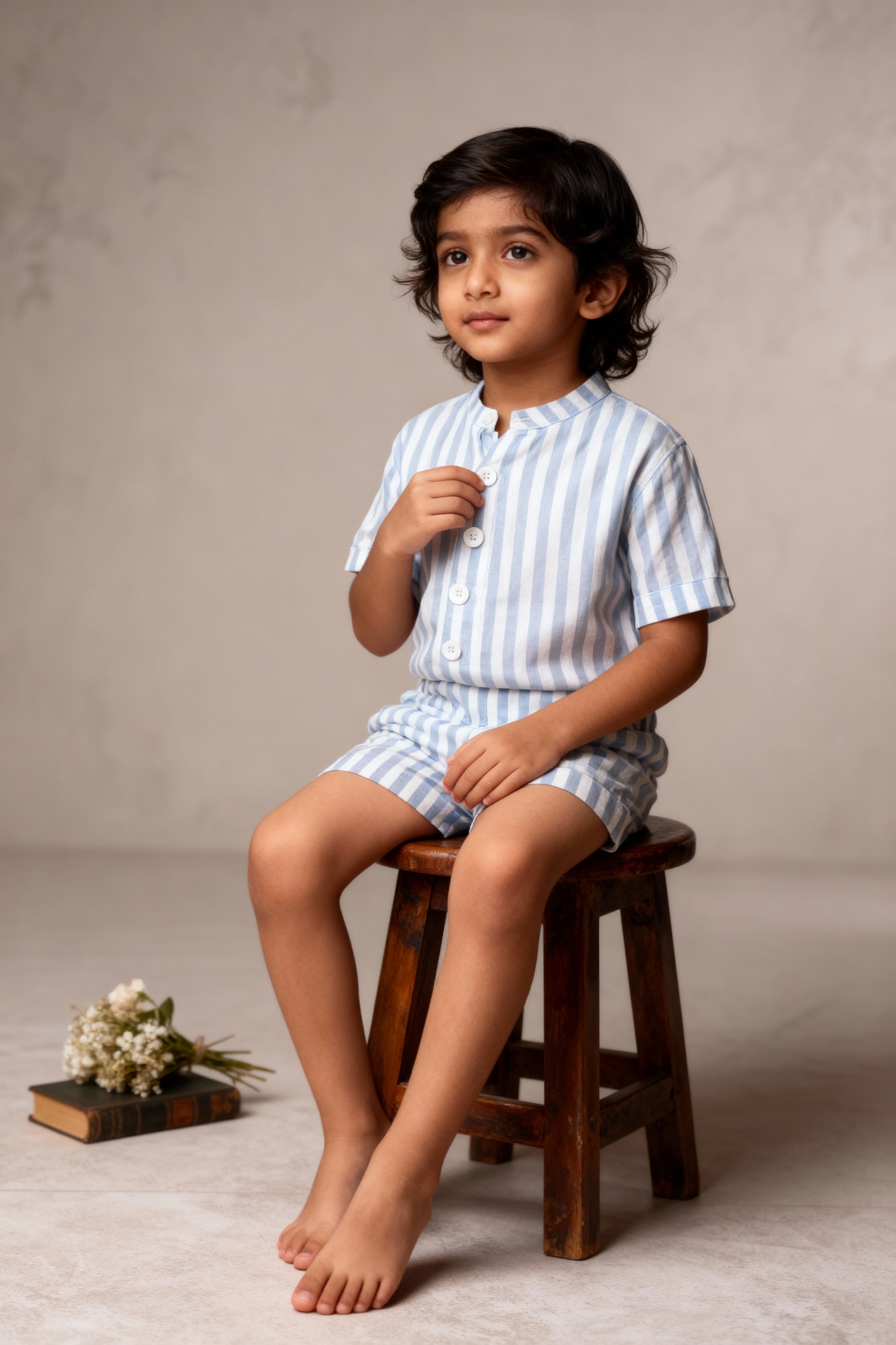 Nice organic cotton kids shorts flat lay detail of GOTS-certified striped fabric