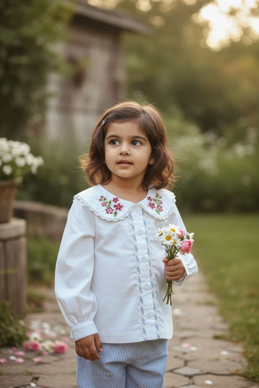 Capri organic cotton girls blouse back view showing relaxed silhouette and full puff sleeves